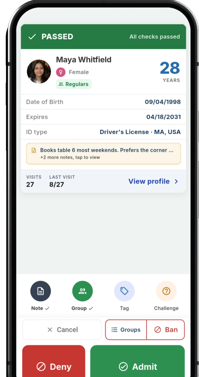 An AgeShield scan result reading PASSED for a 28 year old guest, with date of birth, expiry, visit history and the Deny and Admit buttons